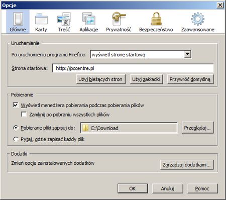 Ustaw stronę startowę w przeglądarce Firefox