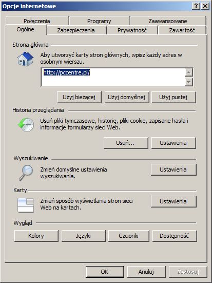 Ustaw stronę startowę w przeglądarce Internet Explorer