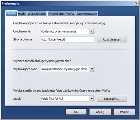 Ustaw stronę startowę w przeglądarce Opera 9